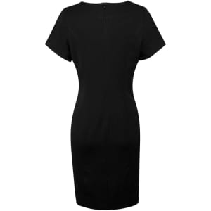 A black short sleeve dress made from poly/viscose stretch with a fitted silhouette and a back zip detail.