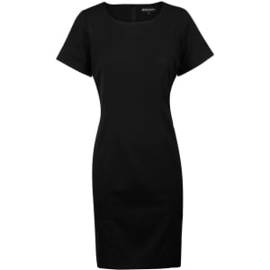 A fitted black short sleeve dress with a round neckline and a zip at the back. It features a logo.