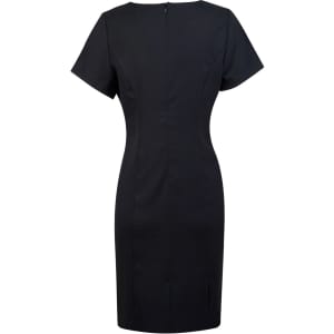 A short-sleeve, black dress with a fitted silhouette and a back zipper, featuring a sleek design.