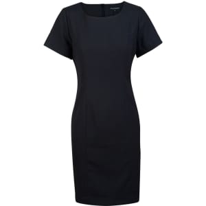 A fitted black short sleeve dress with a square neckline and a zip closure at the back. It features a logo.