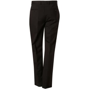 Men's stretch wool blend pants in black, featuring a tailored fit and two back pockets. Includes a logo.