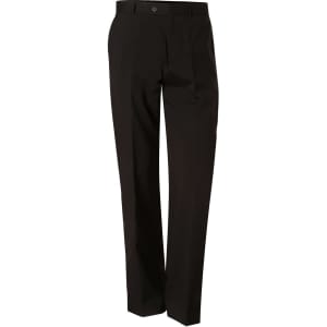 Men's stretch wool blend pants in black, featuring a straight leg design and a standard waistband with a logo.
