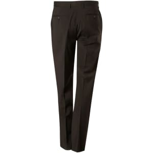 Men's stretch wool blend pants in dark brown, featuring a sleek design with back pockets and a logo.