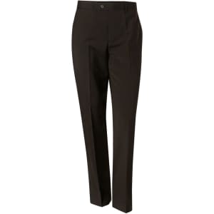 Men's stretch wool blend pants in a dark shade, featuring a button closure and slanted pockets. Includes branding.