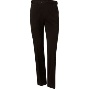 Men's stretch wool blend pants in black, featuring a classic design and a waistband with a button closure, includes branding.