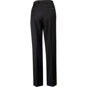 Men's black wool blend stretch flexi waist pants with a straight cut and two back pockets. Features a logo.