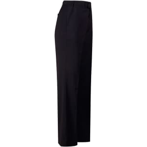 Black wool blend stretch flexi waist pants shown from the side, featuring a tailored fit and pockets.
