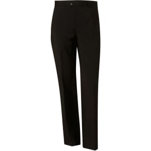 Men's black polyviscose stretch pants featuring a slim fit design and a branding logo on the waistband.