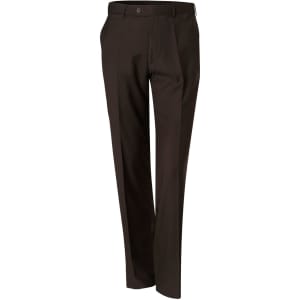 Men's polyviscose stretch pants in dark brown, featuring a tailored fit and a waistband with a button closure.