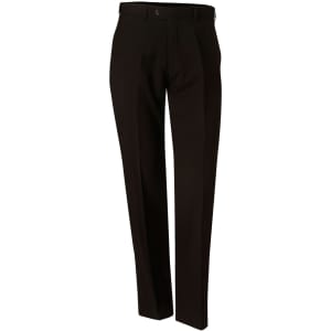 Men's black polyviscose stretch pants featuring a tailored fit and a front pleat. The pants have a logo on the waistband.