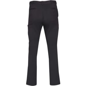 Men's black utility cargo pants featuring multiple pockets and a logo. The back view highlights the streamlined design.