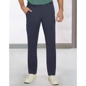 Men's utility cargo pants in navy blue with two side pockets, paired with white sneakers. Features a logo on the waistband.