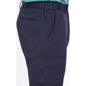 Men's utility cargo pants in navy, featuring side pockets and a modern fit. Includes a branding logo.