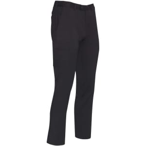 Men's utility cargo pants in black, featuring multiple pockets and a fitted design. Includes a logo on the waistband.