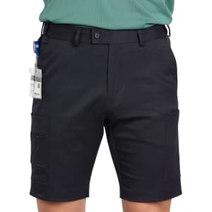 Men's utility cargo shorts in black featuring side pockets and a logo on the waistband. Suitable for various activities.