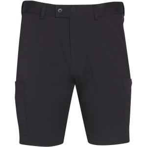 Black men's utility cargo shorts featuring side pockets and a button closure, with a logo on the waistband.