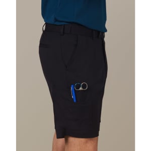 Men's utility cargo shorts in navy with multiple pockets, featuring a pen and sunglasses in the side pocket.
