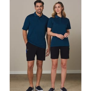 A man and woman wearing navy polo shirts and black cargo shorts, featuring pockets and a logo.