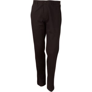 Black men's chino pants featuring a button closure, straight leg design, and a subtle logo on the waistband.