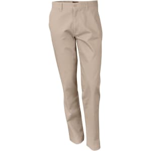 Beige men's chino pants with a straight leg cut, featuring a button closure and pockets. Includes branding.