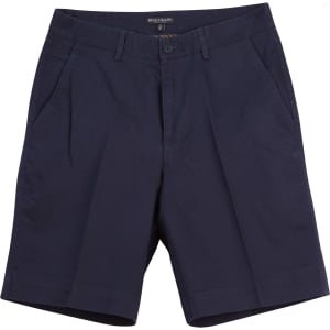 Men's chino shorts in navy blue, featuring a flat front design and pockets, with a logo on the waistband.