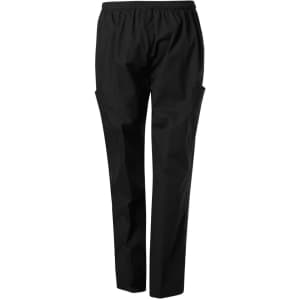 Black unisex scrub pants featuring a comfortable elastic waistband and side pockets. Includes branding on the fabric.