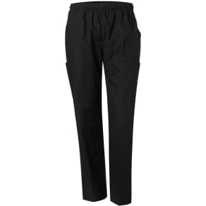 Black unisex scrub pants with an elastic waistband and side pockets. Features a logo on one side.