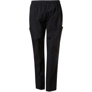 Unisex black scrub pants with an elastic waistband and side pockets, featuring a logo.