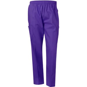 Unisex scrub pants in vibrant purple with an elastic waistband and two side pockets. Features a logo.