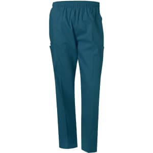 Unisex scrub pants in teal, featuring an elastic waistband and side pockets. Includes a logo on the garment.