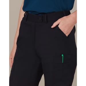 Ladies' cargo pants in black, featuring a side pocket and a pen holder, with a fitted waist and belt loops.