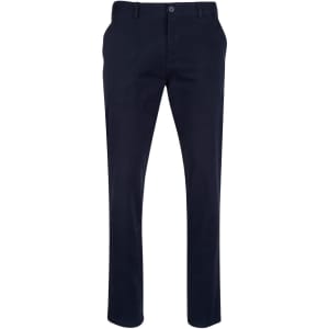 Men's dark navy chino pants with a classic fit, featuring belt loops and a logo. Ideal for smart-casual wear.
