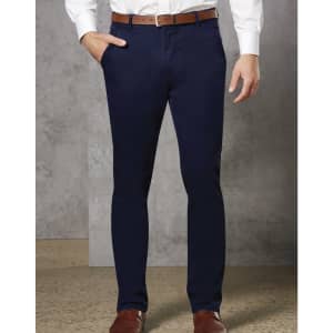 Men's Boston Chino Pants in navy, featuring a slim fit and pockets, paired with a belt and a white shirt.