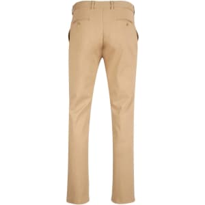 Men's chino pants in a light brown hue, featuring a classic design with back pockets and a logo.