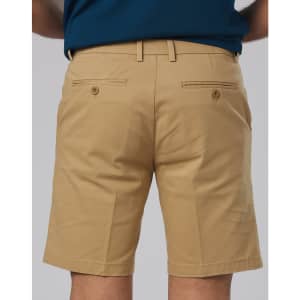 Men's stretch cotton chino shorts in khaki colour, featuring a smooth finish and back pockets with buttons.
