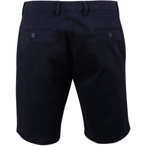 Men's stretch cotton chino shorts in navy blue, featuring a classic design and two back pockets with buttons.