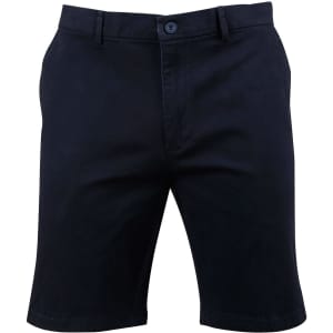 Men's stretch cotton chino shorts in navy, featuring a button closure and front pockets. Includes a logo.