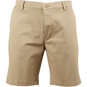 Men's stretch cotton chino shorts in a light beige colour, featuring a button closure and front pockets.
