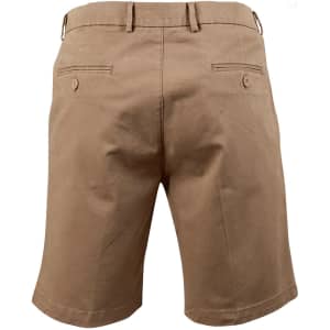 Men's stretch cotton chino shorts in a khaki colour, featuring back pockets and a waist adjuster, with branding present.