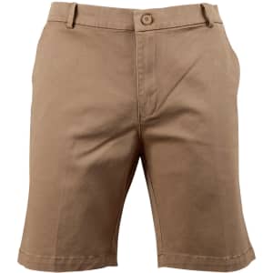 Men's stretch cotton chino shorts in a light brown colour, featuring a button closure and pockets. Includes a logo.