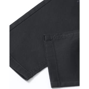 A close-up of men's black flexi chino pants, highlighting the fabric and stitching details.