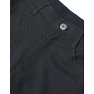 Black men's chino pants featuring a flexible waistband and button closure, with detailed stitching and pockets.
