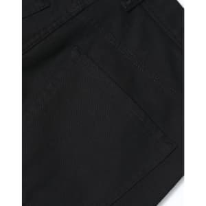 Black flexi chino pants featuring a classic jean style with visible stitching and pockets. Includes a logo.