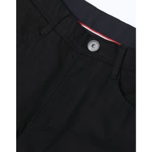 Black flexi chino pants featuring a button closure and pockets, with a subtle brand logo on the waistband.