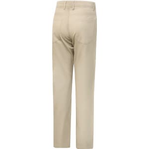 A pair of beige flexi chino pants, featuring a back view with two pockets and a logo on the waistband.