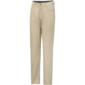 Men's flexi chino pants in beige with a classic jean style design and a logo on the label.
