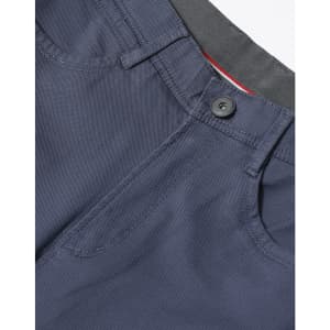 A pair of men's flexi chino pants in navy, featuring a button closure and pockets, with branding visible.