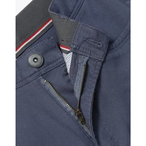Navy blue Men's Jean Style Flexi Chino Pants featuring a button and zip fly. Includes a branded logo.