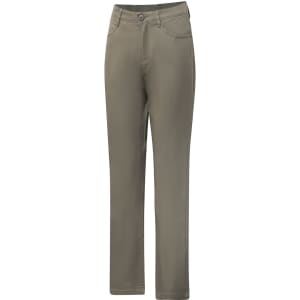 Men's flexi chino pants in a muted olive green, featuring a classic jean style with a logo on the waistband.