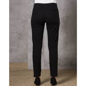 Black ladies' chino pants shown from the back, featuring a sleek fit and pockets. Includes a logo on the waistband.